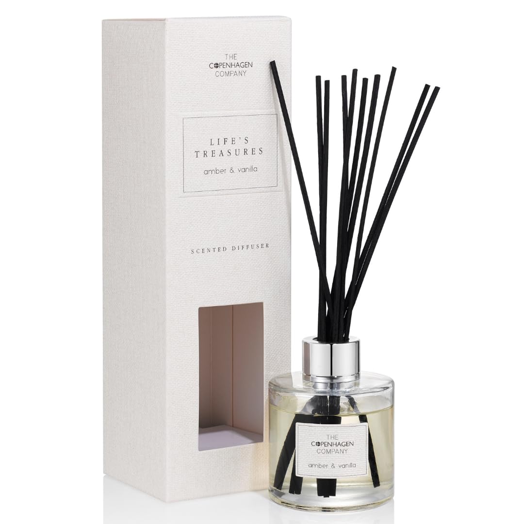 Luxury Reed Diffusers for Home | Aromatherapy Scented | 10 Weeks Long Lasting Fragrance | 10 Natural Rattan Reeds | The Copenhagen Company - Amber & Vanilla (100ml)