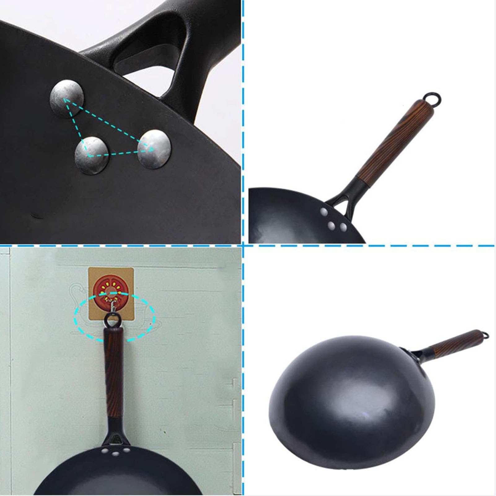 Vnook Woks aus Gusseisen, handgehämmerte Woks aus Eisen, Mehrzweck-Woks aus Gusseisen, Bratpfannen, keine Beschichtung, antihaftbeschichteter Topf for Elektro-/Induktions-/Gasherde(34cm)