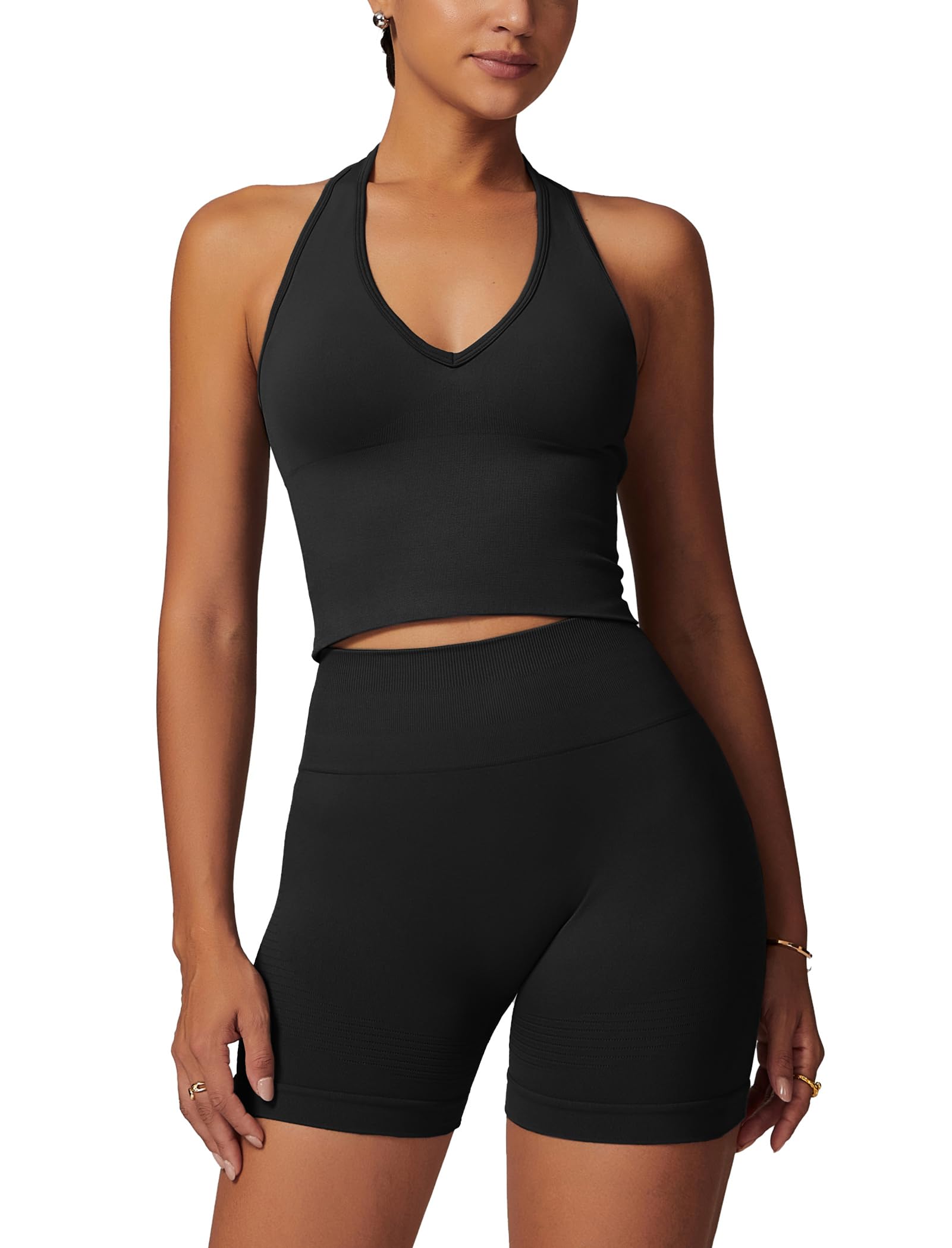 Odizli Conjunto de deporte para mujer, corto, cuello en V, sujetador + pantalones cortos de cintura alta, traje de gimnasio
