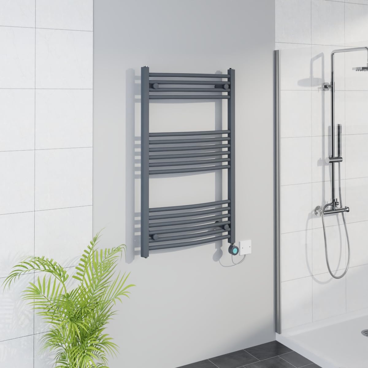 Warmehaus Anthracite Smart Wifi Thermostatic Electric Bathroom Curved Heated Towel Rail Warmer Radiator With Timer 1000X600mm