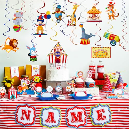 Image of 58 Pcs Carnival Hanging Swirl Decorations Circus Animal Party Supplies circus theme party decorations Baby Shower Decor Ceiling Circus Streamers for First Bday Circus Birthday Party Favors
