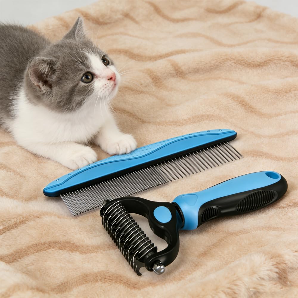 2 Pcs Pet Grooming Brushes, Pet Grooming Comb, Pet Hair Removal Brush with Metal Comb for Dogs and Cats, Detangling and Detangling Long Hair, Matte on Cats and Dogs