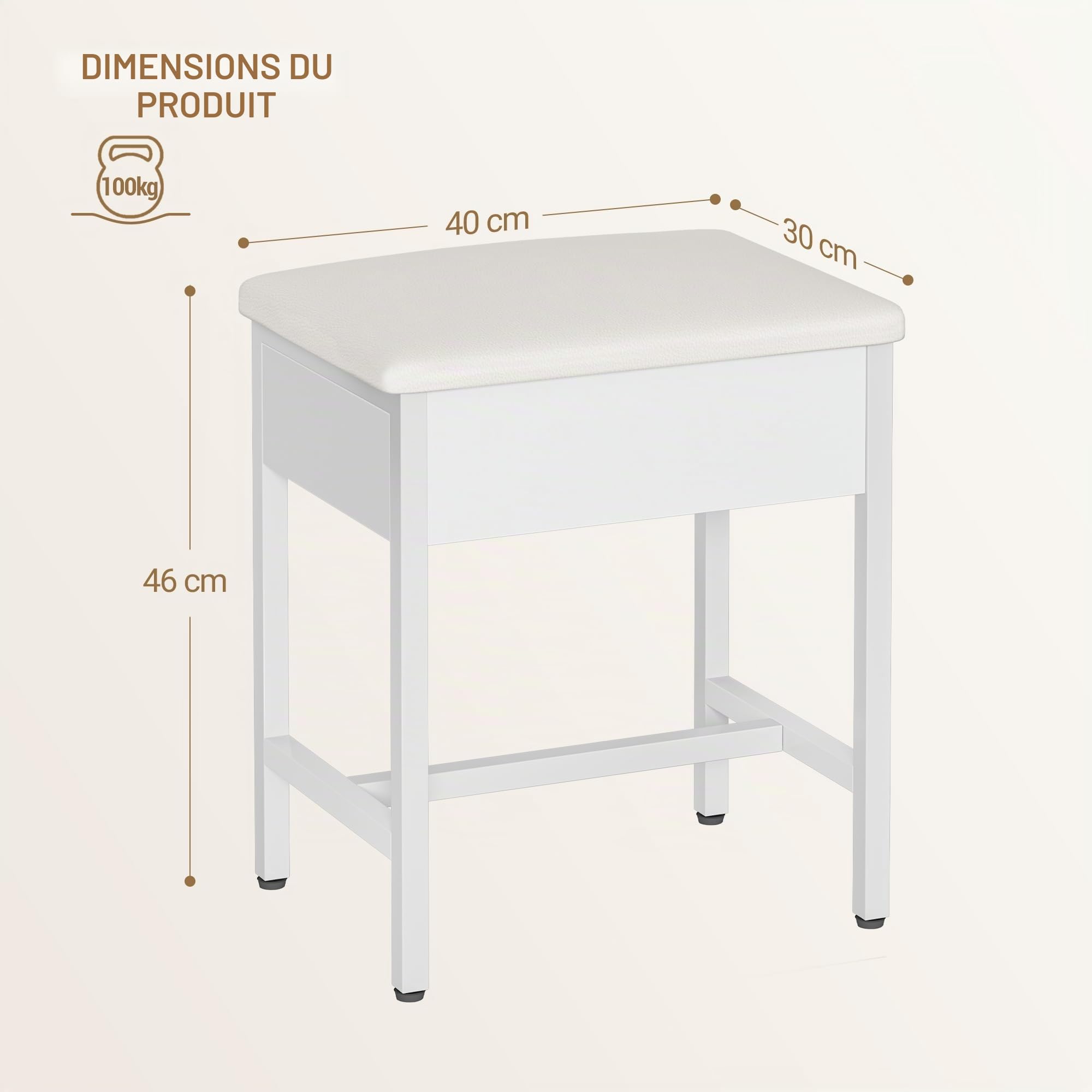 Hzuaneri Tabouret De Coiffeuse, Repose Pieds De Salon, Banc De Chambre, Tabouret De Coiffeuse Rembourré, IdéAl pour Le Dressing, La Chambre à Coucher Ou L'EntréE, 30 x 40 x 46 cm, Blanc VS32503X