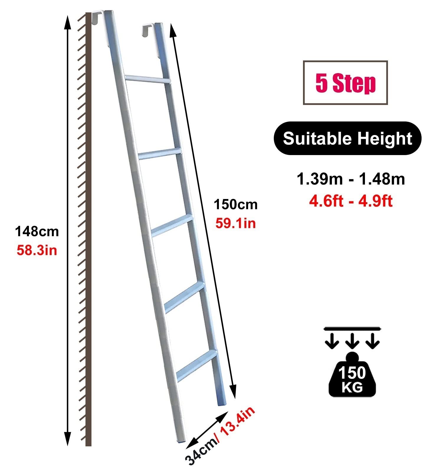 Escalera para literas Escalera para literas con Dos Camas de pie, Escalera con Marco de Metal Lateral de 4 escalones/5 escalones, Escalera de Subida Universal para Dormitorio, Remolque, Dorm