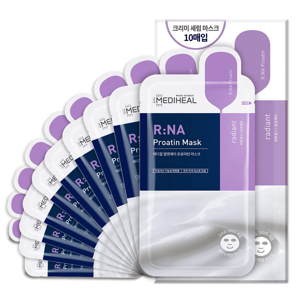 MEDIHEAL R:NA Proatin Sheet Mask, Pack of 10, Skin Radiance and Clearing Face Mask with Amino Acids and Niacinamide, High Moisture Creamy Essence, Improving Skin Tone for Dull Skin