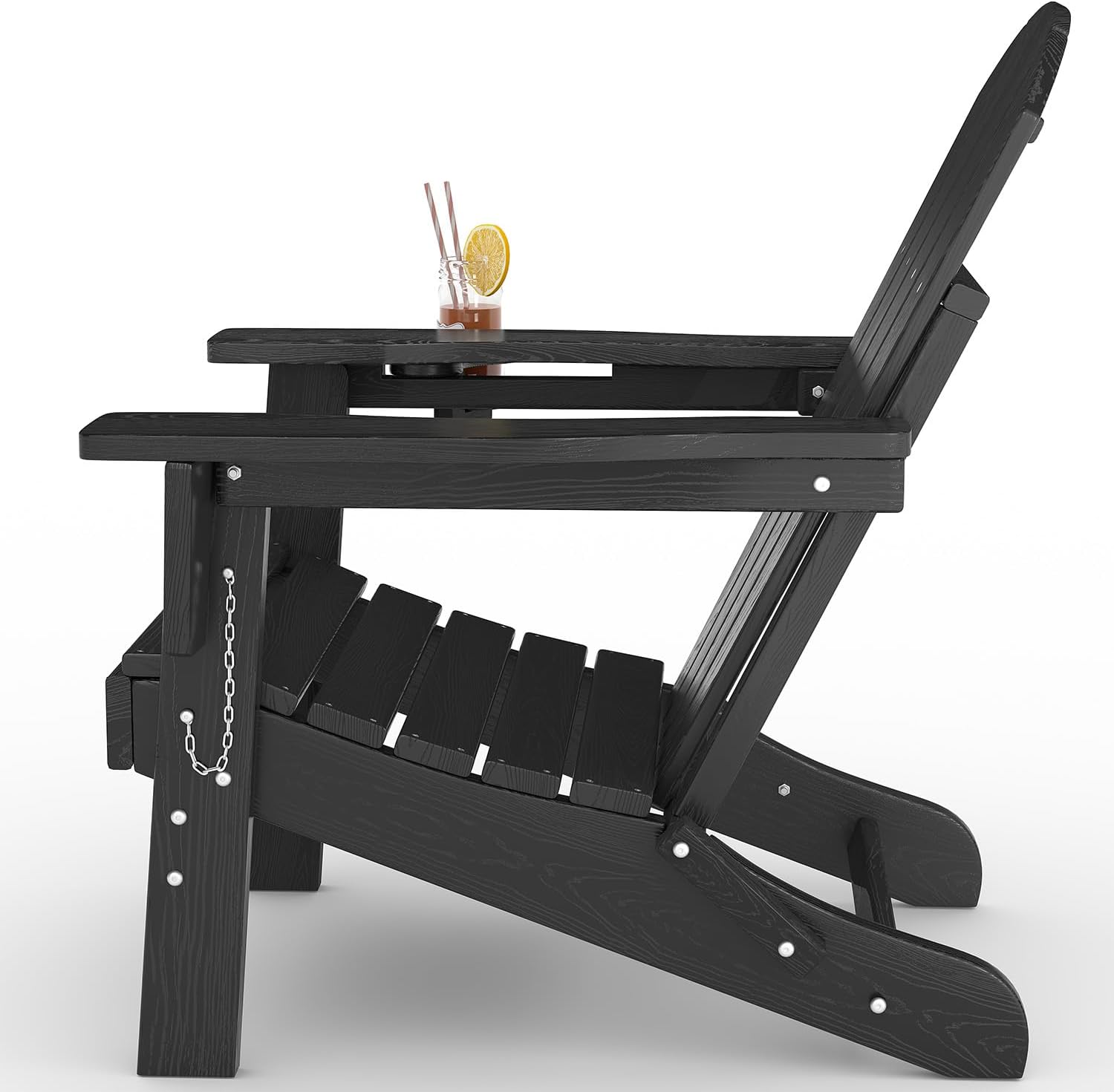 Garvee Folding Adirondack Chair, HDPE Outdoor Patio Chair with Cup Holder, All Weather Resistent Wooden Textured for patios, Decks, Gardens, fire Pit, Black