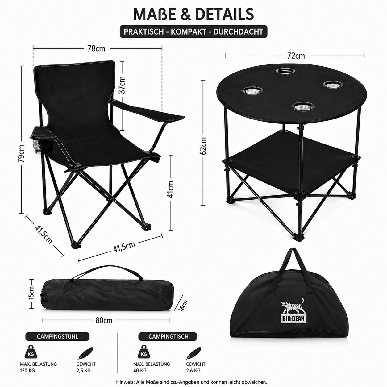 BigDean Camping Set 2X Campingstühle + 1x Campingtisch - Campingstuhl mit Tisch Set klappbar – Camping Tisch Stuhl Set Campingstuhl faltbar Angelstuhl Faltstuhl Anglerstuhl Campingtisch mit Stühlen