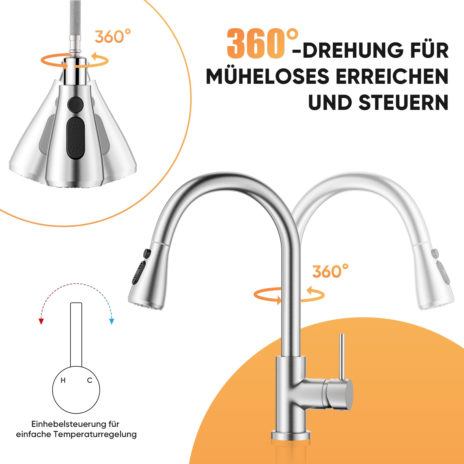 BESY Grifo de Cocina con Pulverizador Extraíble, Níquel Cepillado | Apto para 1 o 3 Agujeros, Cuerpo de Latón, Mango de Arco Alto, Commercial Grifo para Fregadero de Cocina