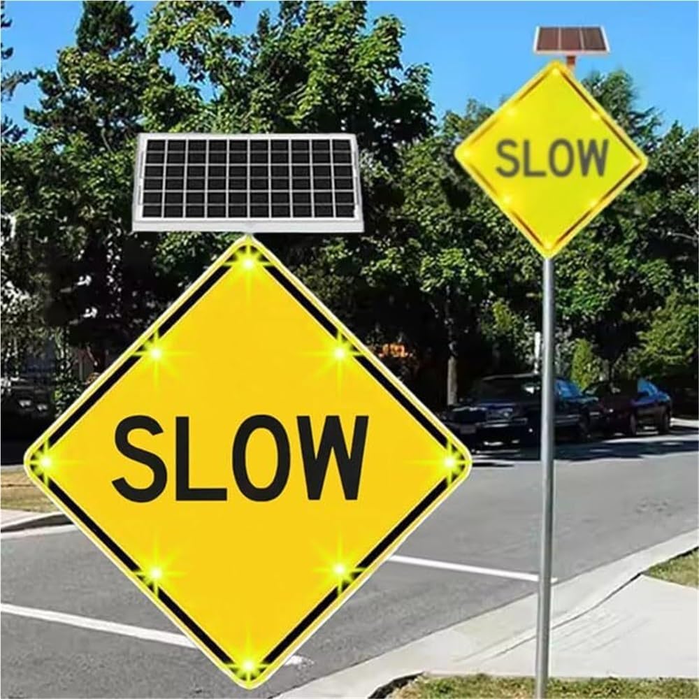 Solar Powered LED Speed Slow Safety Sign, 24 Inch Road Warning Speed Slow Sign for Driveways, Residential, Streets, Crosswalks, Engineering Grade Reflective Aluminum