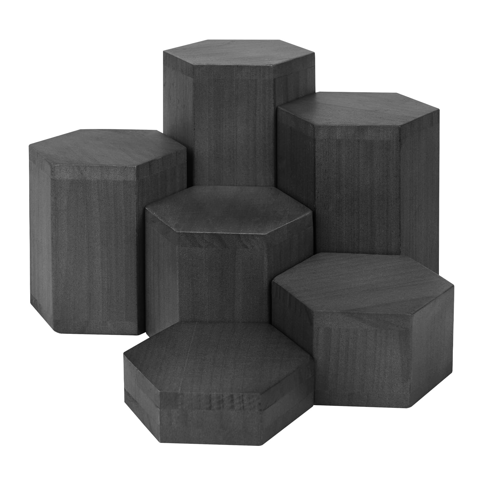 6Pcs Wooden Hexagon Display Risers with Storage Bag, 6 Different Heights