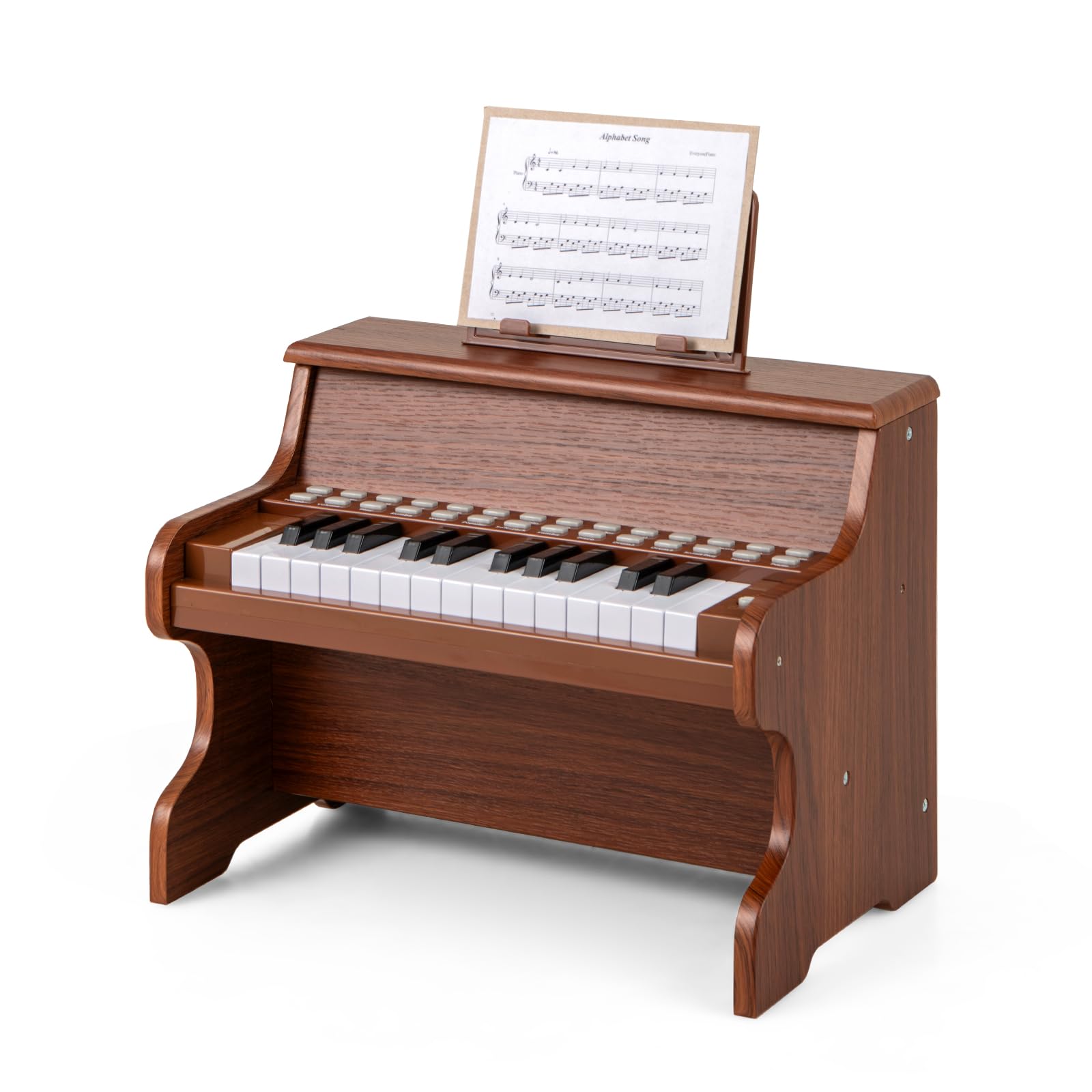 GOPLUS Klavier Kinder, 25 Tasten Leuchttasten-Piano, elektrisches Holzklavier mit abnehmbarem Notenhalter, Lehrmodus, einstellbare Lautstärke, Musikinstrument für Kinder ab 3 Jahren (Braun)