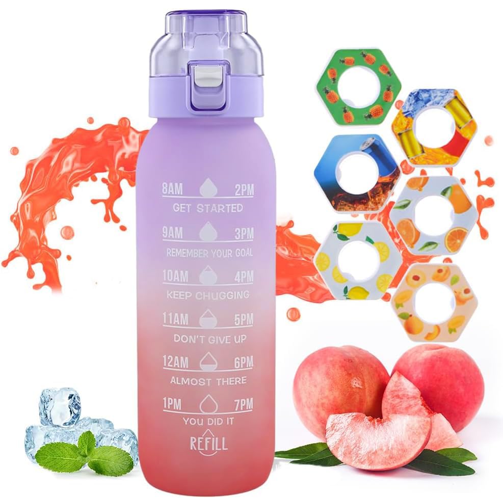 Moonmen 6-Flavor Infusion Water Bottle Set, 1000ML, Fruity Scented, with Random 6 Flavour Pods, BPA-Free, Leak-Proof Cap, Ideal for Fitness, Yoga, and Outdoor Hydration Enthusiasts (Purple)