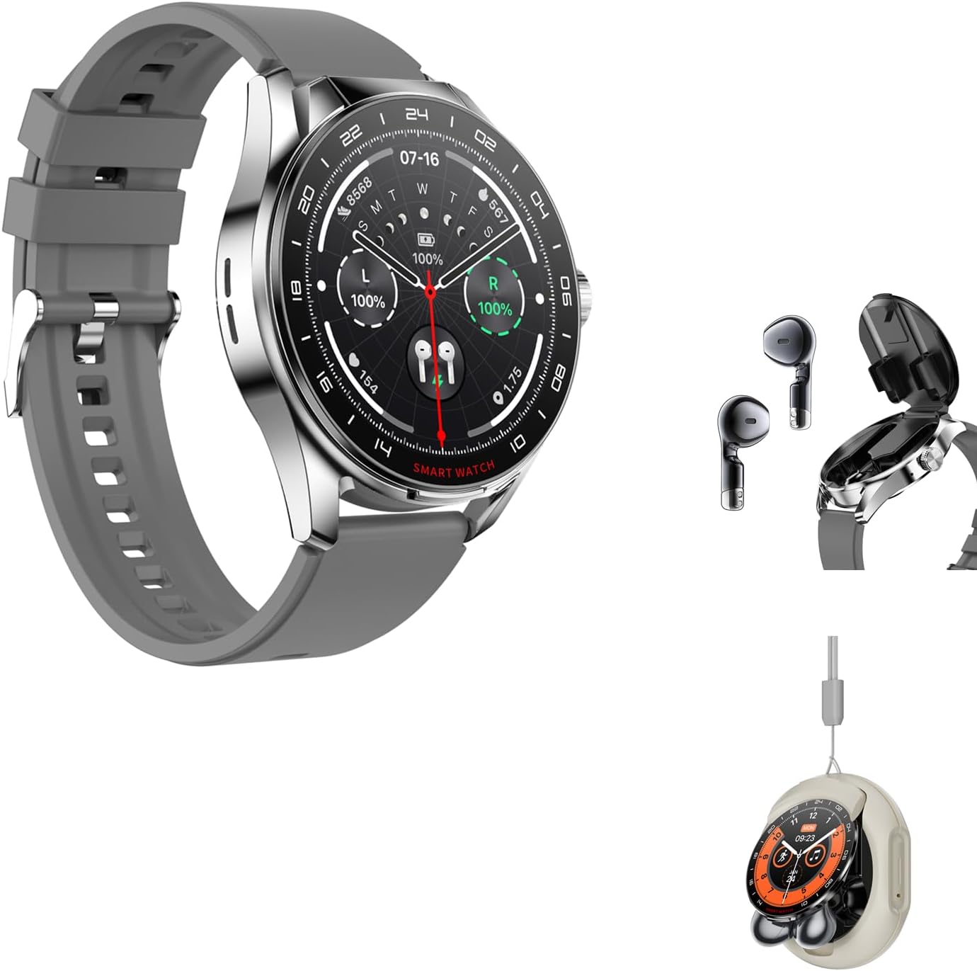 Tuanzi D9 Smart Watch with Built-in Headphones, showing the watch, detached earbuds, and charging cable.