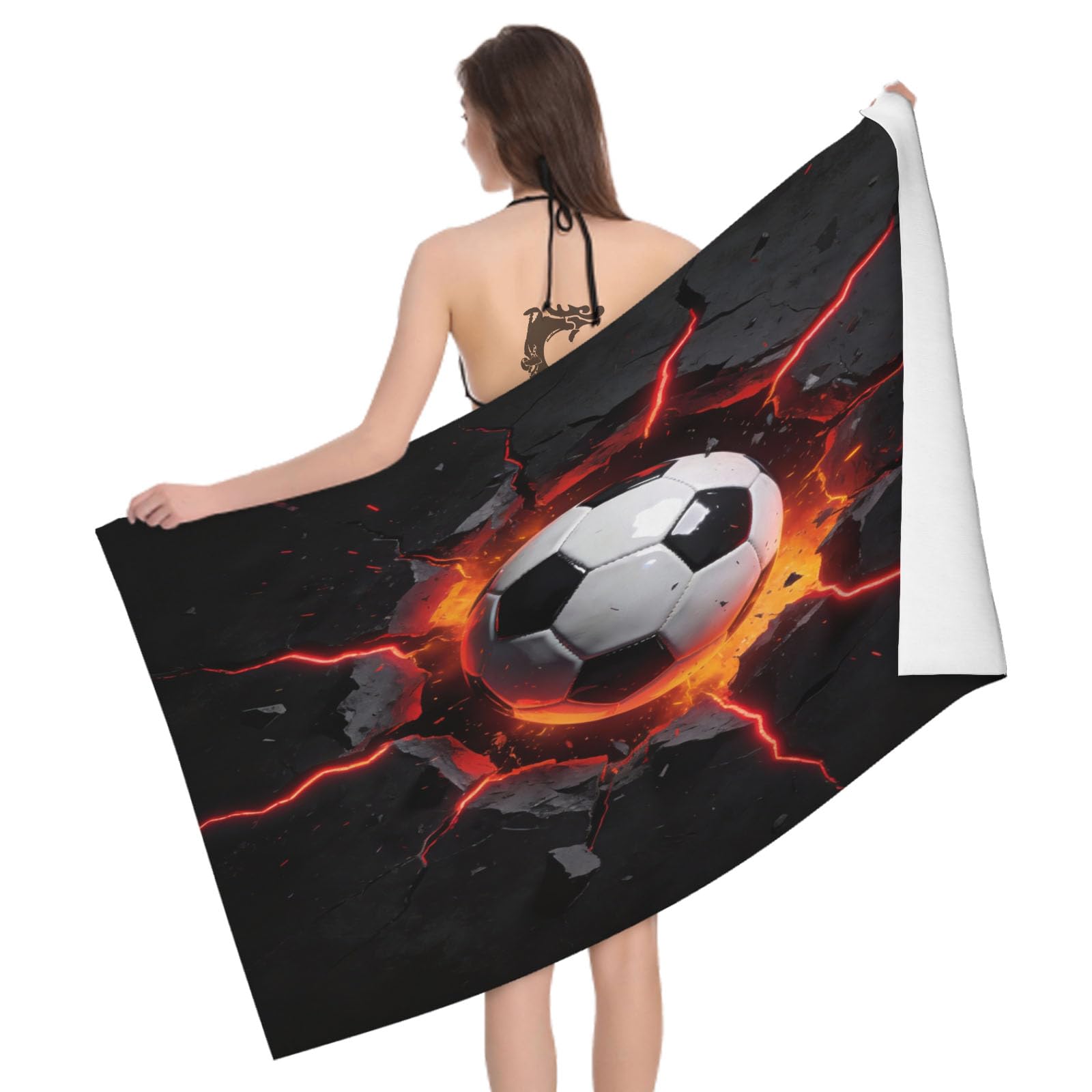 Leichong 3D Glowing Soccer Ball Beach Towel Large Microfiber Soft Quick Dry for Adults, Creativity Bath Towel Lightweight Soft Absorbent for Travel Swimming Pool Sports, 80 x 160 cm