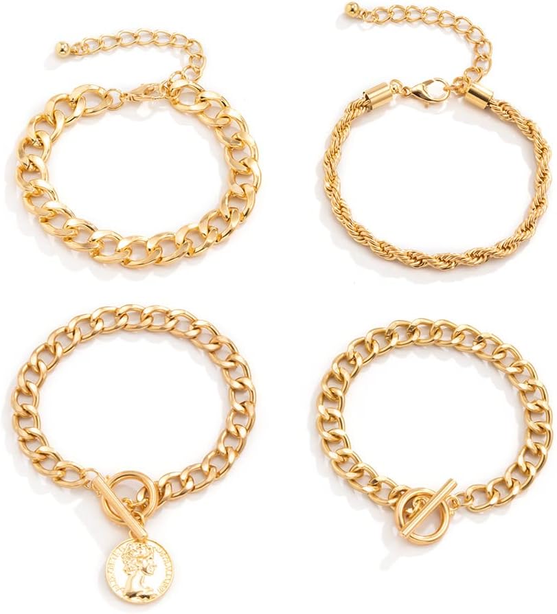 Octwine Boho Dainty O T Clasp Bracelet Bangles Stackable Chain Bracelet Set Chunky Layered Bracelet Chain Jewelry for Women Gold（4 pcs） - Image 2