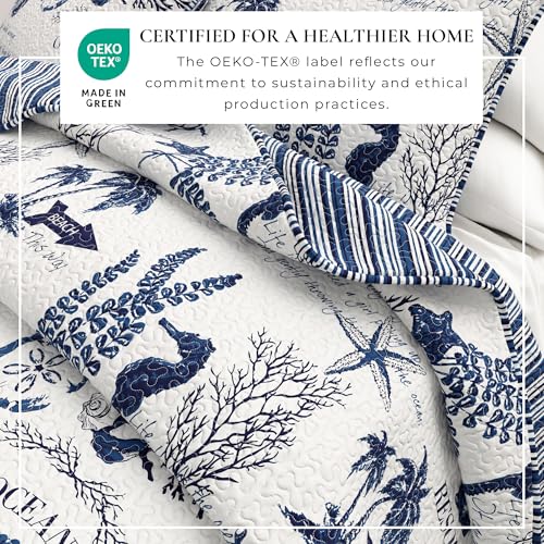 Image of Great Bay Home 3 Piece Quilt Set with Shams. Soft All-Season Microfiber Bedspread Featuring Attractive Seascape Images. Machine Washable. Catalina Collection (Full /Queen, Navy)