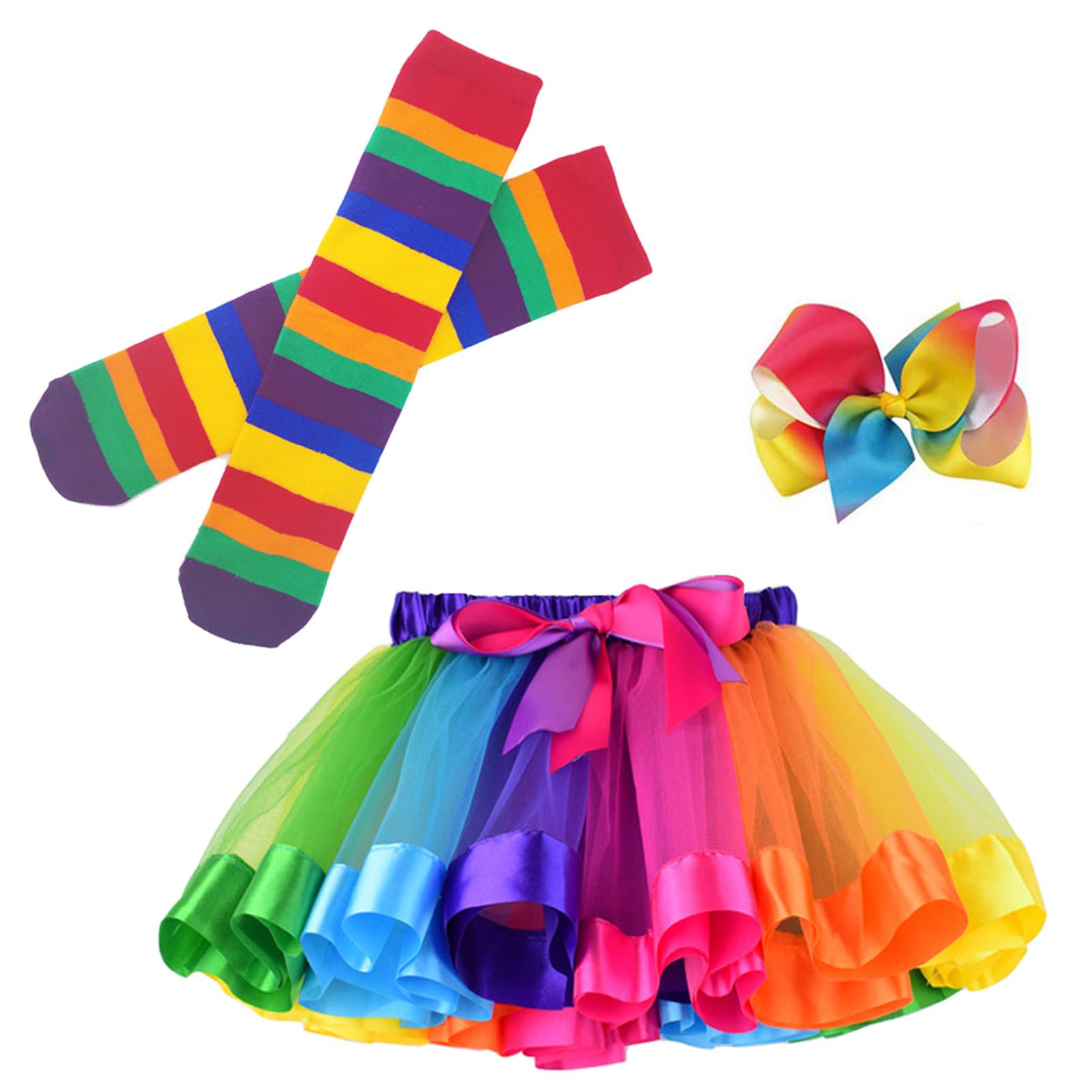 Bgfks Girls Rainbow Little Tutu Outfit,Layered Ballet Tulle Tutu Skirt With Hairbow And Long Stockings (, L,4-8 Years)
