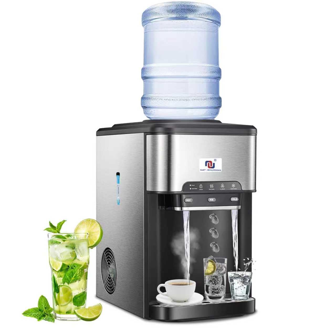NUNET 3-in-1 Portable Ice Maker Water Dispenser Countertop Built-in Ice Machine 44lbs Ice Daily Top Loading 5 Gallon Hot Cold Water Dispenser w. 4lb Ice Storage & Cleaning Sets, Water Pump