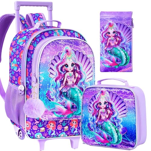 AGSDON Mermaid Rolling Backpack 3-in-1