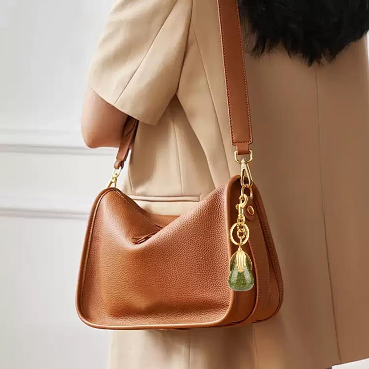 2 PCS Pear Bag Charms with Leaves Cute Fruit Keychains Shiny Purse Charm Fashion Key Chain Accessories for Women Girls for Handbag Backpack Crossbody Bags Decorative Widgets (Green, Orange） - Image 4