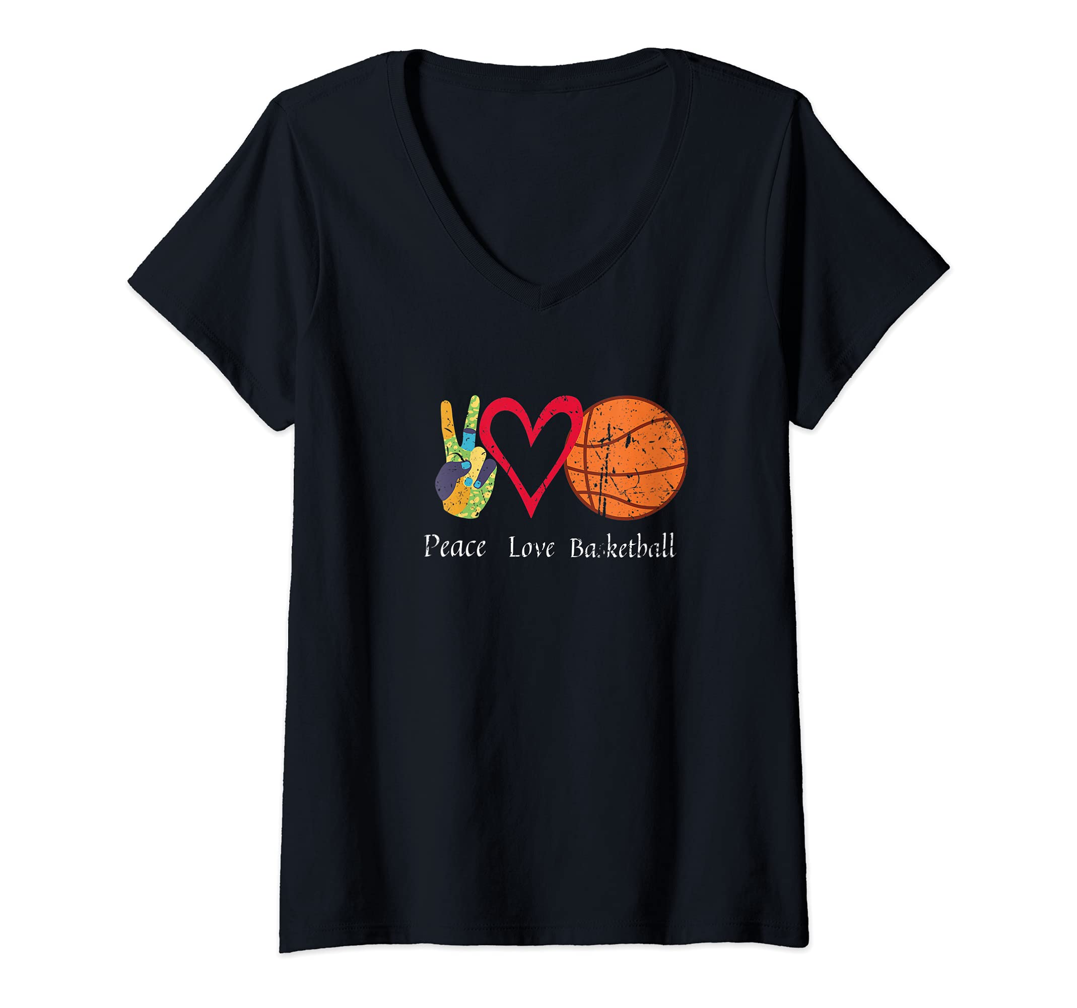 Womens Sports Lover Peace Love Basketball Ball Design Basketball V-Neck T-Shirt, Black