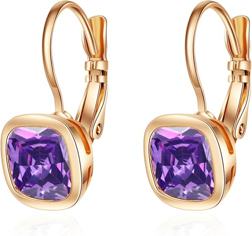 VONSSY Crystal Drop Dangle Rosegold Plated Earrings Leverback Hoop Hanging Squar