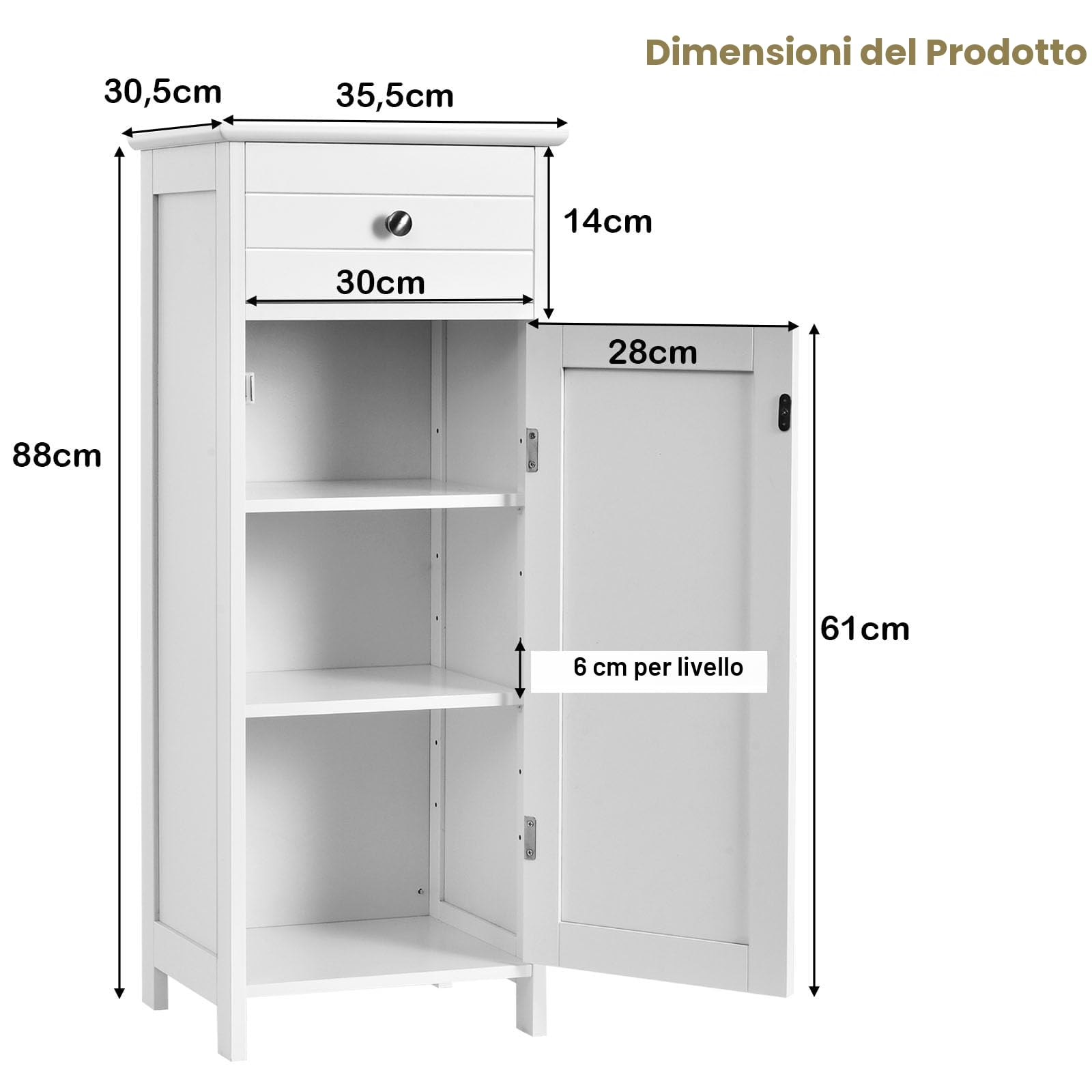 LIFEZEAL Mobiletto Bagno Salvaspazio, Mobiletto Multiuso in Legno 35,5 x 30,5 x 88cm, Mobile Bagno con Cassetto e 1 Porta, Armadietto da Terra con Ripiani Regolabile per Cucina e Soggiorno, Bianco
