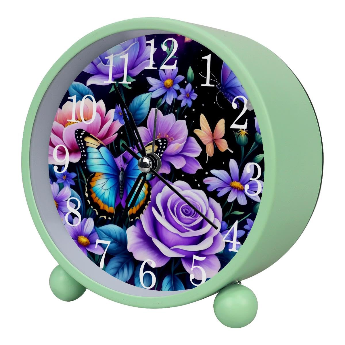 Alarm Clock Purple Butterfly Floral, Silent Non-Ticking with Night Light