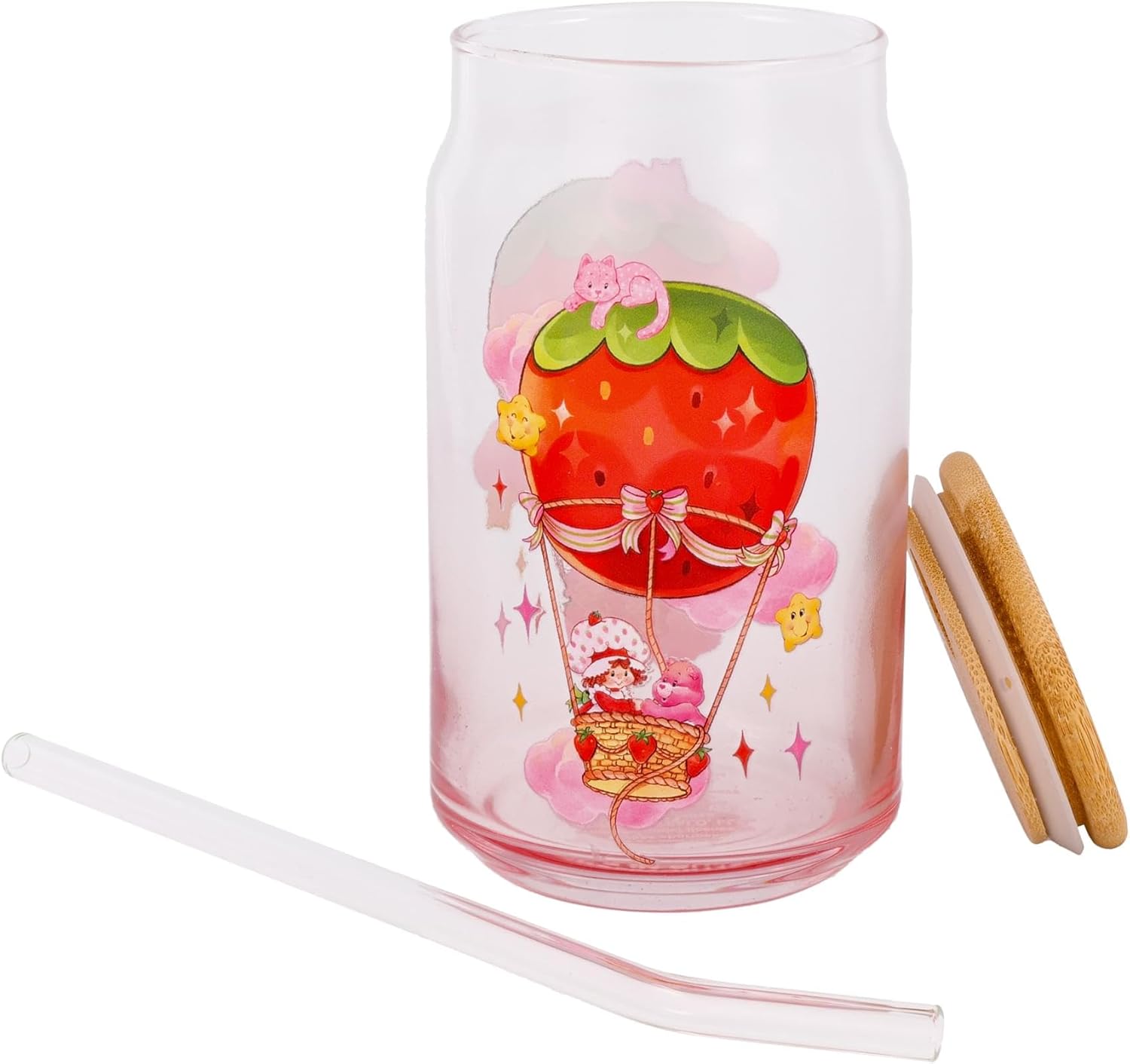 Silver Buffalo Care Bears and Strawberry Shortcake Featuring Cheer Bear Glass Jar Tumbler with Bamboo Lid and Glass Straw, 16 Ounces - Image 4