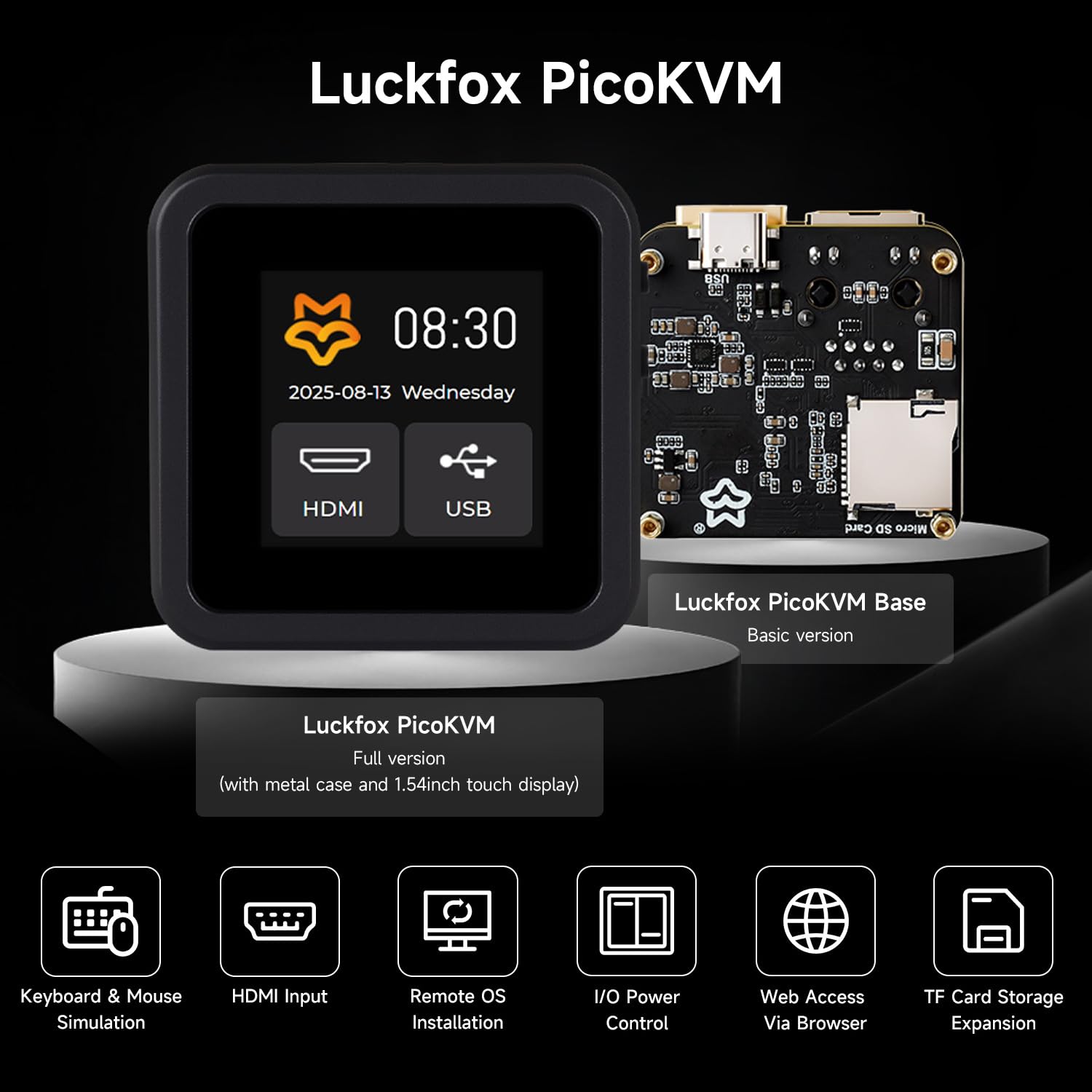 Waveshare Luck-fox PicoKVM Lightweight IP KVM Remote Management Tool Basic Version, Supports 1920x1080@60fps HDMI Video Input & HID Signal Output For Device Control, without Case/1.54inch Display