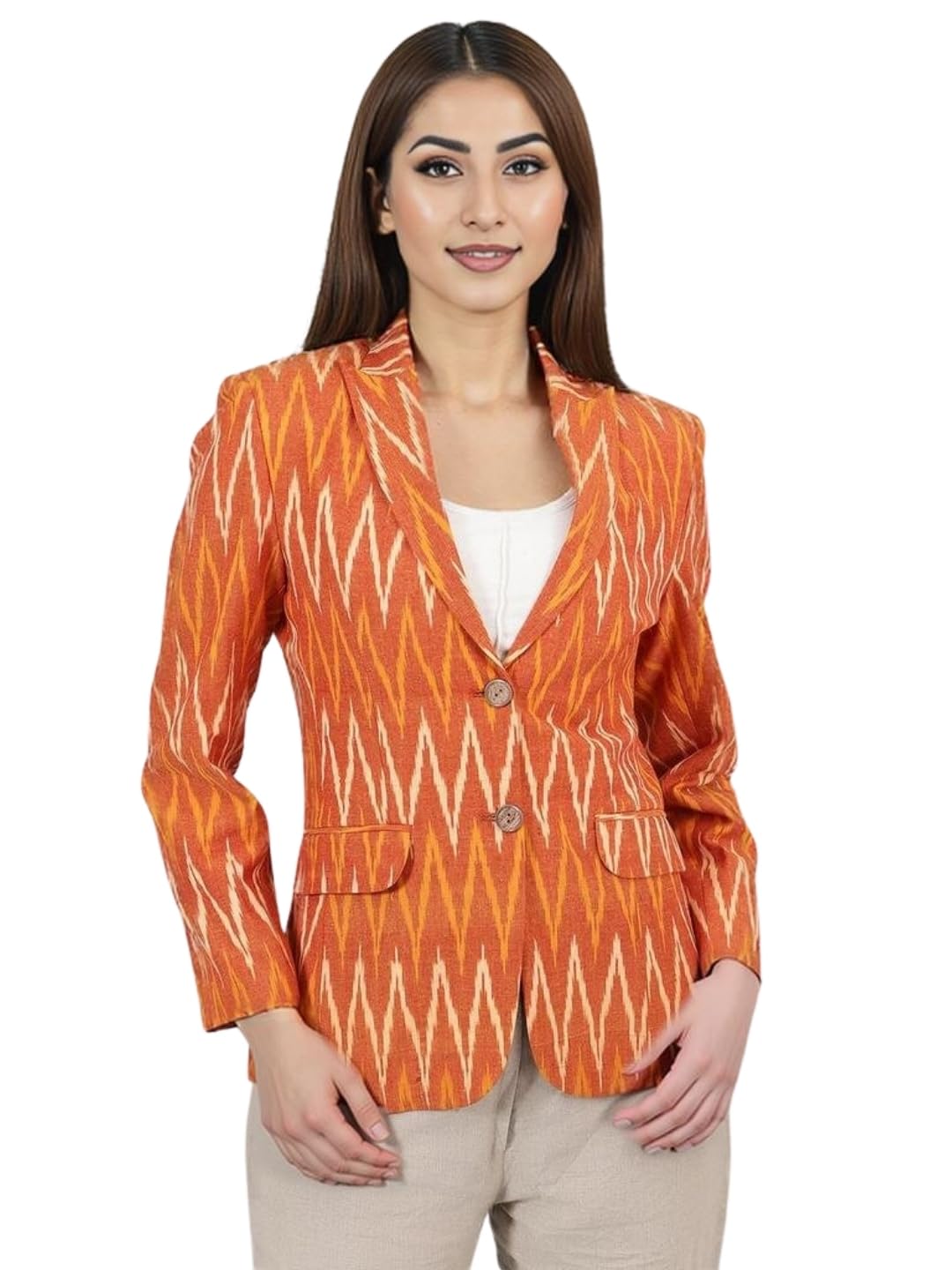 talethread Womens Ikat Orange Cotton Blazer-picture-14