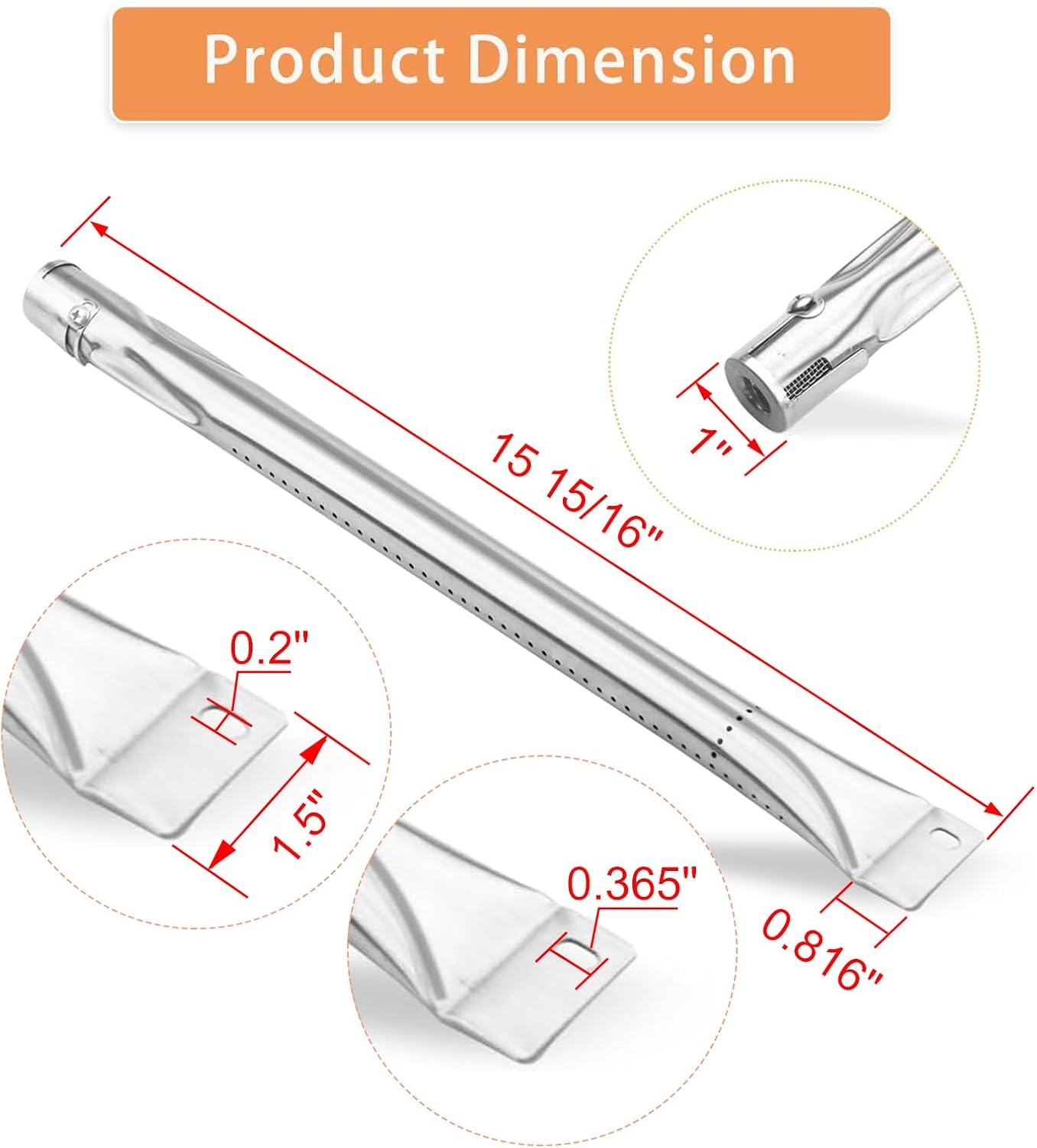 Grill Burner Tube, 4 PC Universal Stainless Steel Pipe Tube BBQ Gas Repair Parts Kits for Brinkmann, Charmglow, Uniflame and Outdoor Gourmet Grill Models, Grill Replacement for CTB3, 15 15/16"