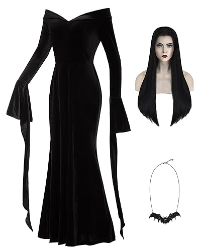Adult Black Dress with Wig Necklace for Women Halloween Costumes