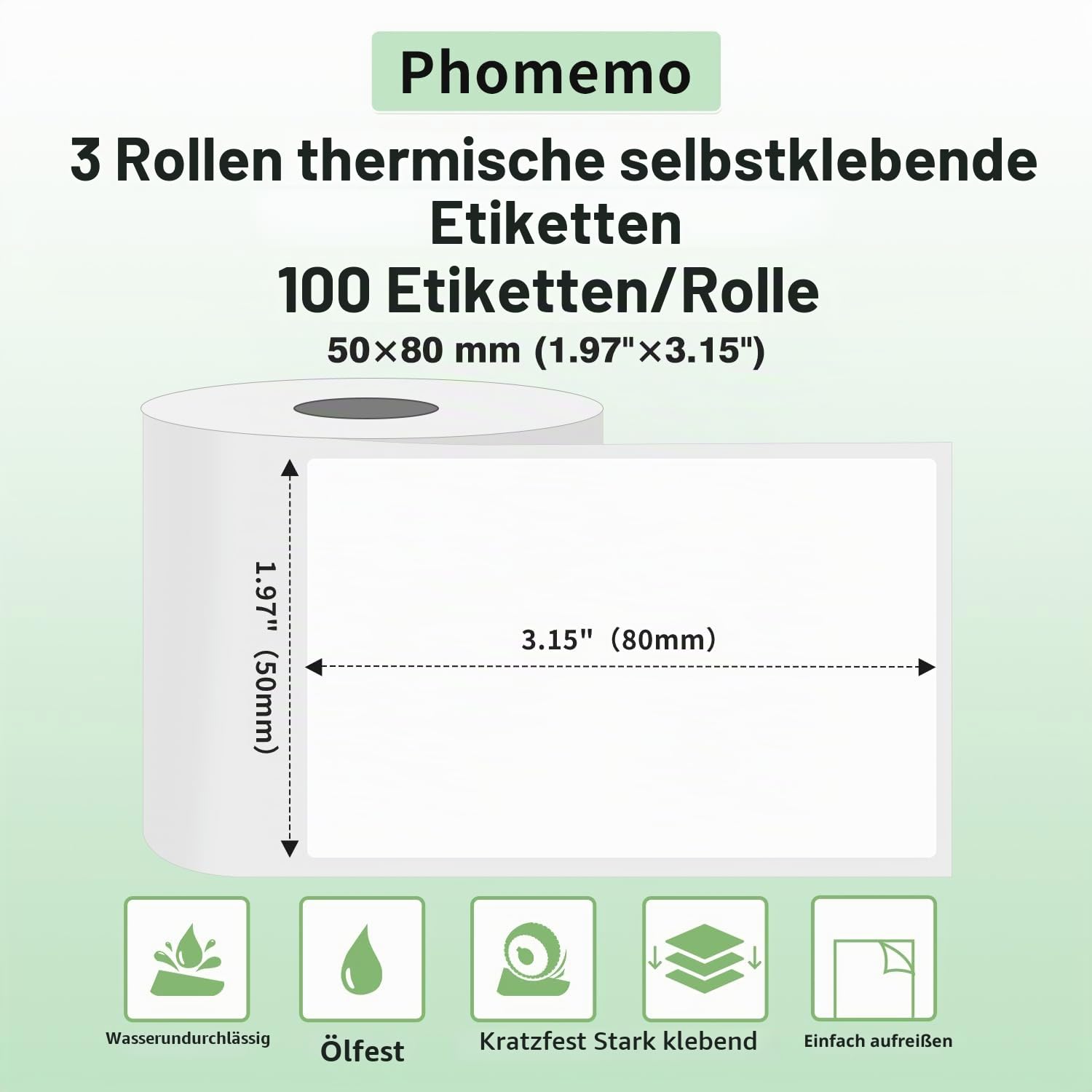 Phomemo 3 Rollen M110 Etikett ，Multifunktionales selbstklebendes für Phomemo M110 M200 M120 M220 M221 1.97“x3.15”（50x80mm）, 3 Rollen，100 / Rolle