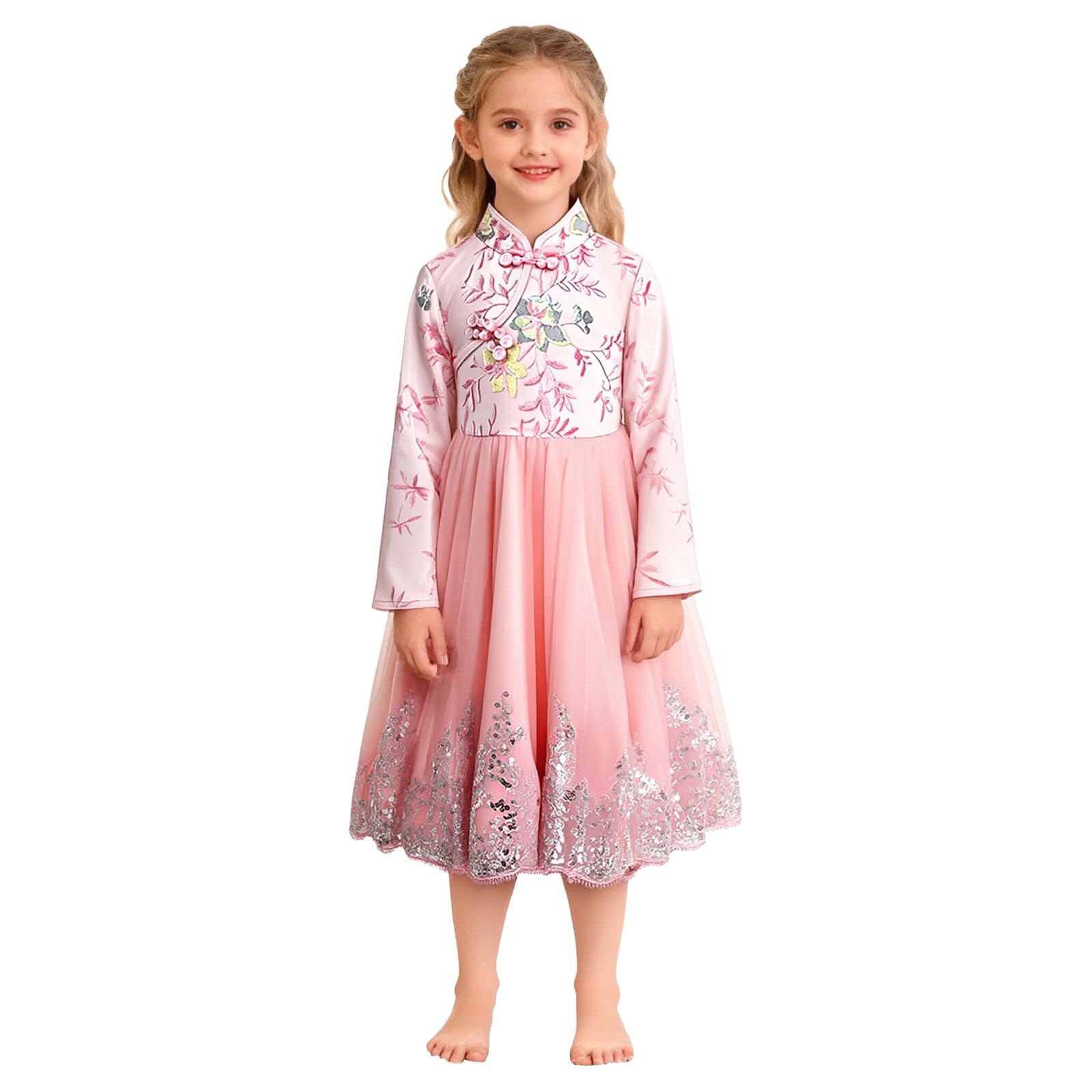 Chinesisches Kleid für Mädchen, Qipao, Blumenmuster, lange Ärmel, A-Linie, Neujahr, Geburtstag, Hochzeit, Cheongsam, Kinder, traditionelles Festival-Outfit