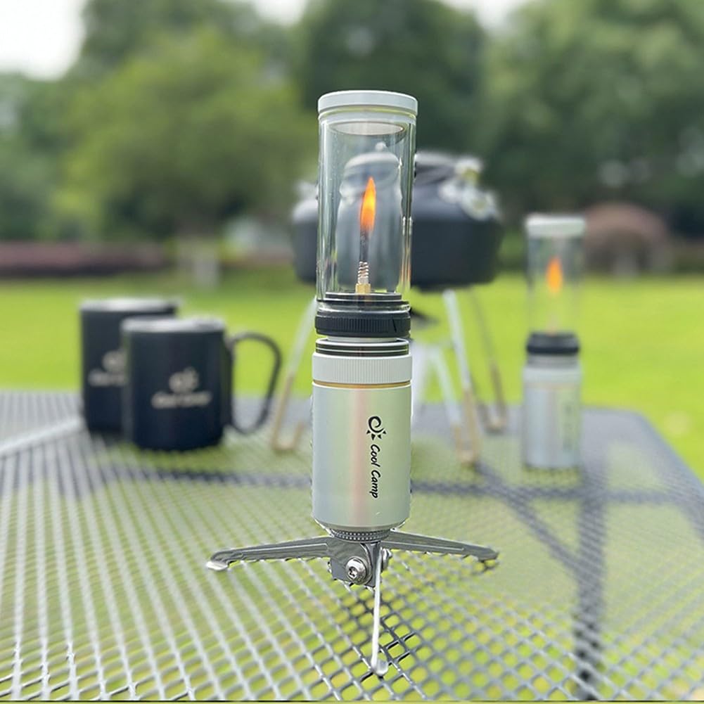 Camping Gaslaterne aus Aluminiumlegierung mit Kerzenlicht-Effekt, verstellbarem Lichtrahmen und Schraubkartuschenanschluss für Outdoor, Wandern und Zelten, inkl. Nachfüllkanister 10g