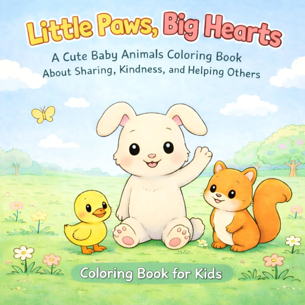 Little Paws, Big Hearts: A Cute Baby Animals Coloring Book About Sharing, Kindness, and Helping Others, Coloring Book for Kids