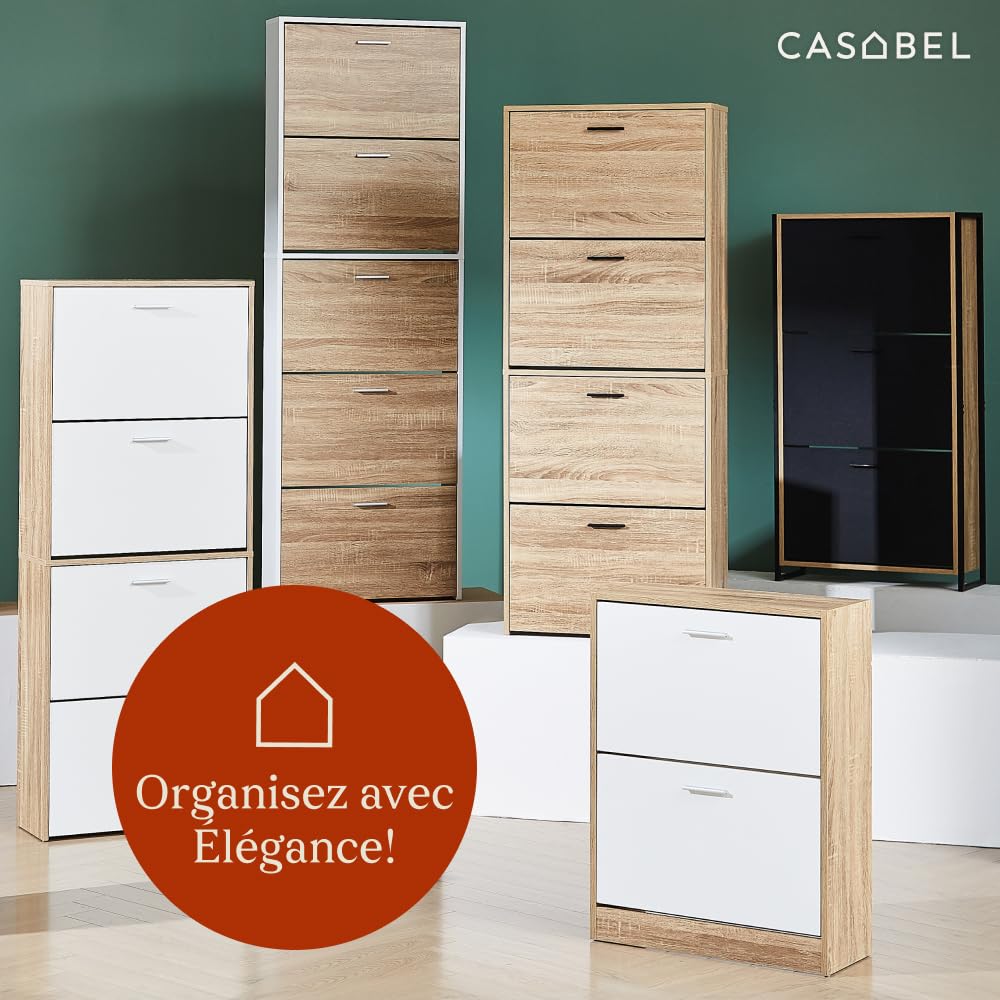 CASABEL Meuble à Chaussures 15 Paires, Portes et Cadre Noir | Rangement chaussures, 5 Abattants, Compartiments rabattables, Format étroit, Gain de place, Design moderne, Montage facile