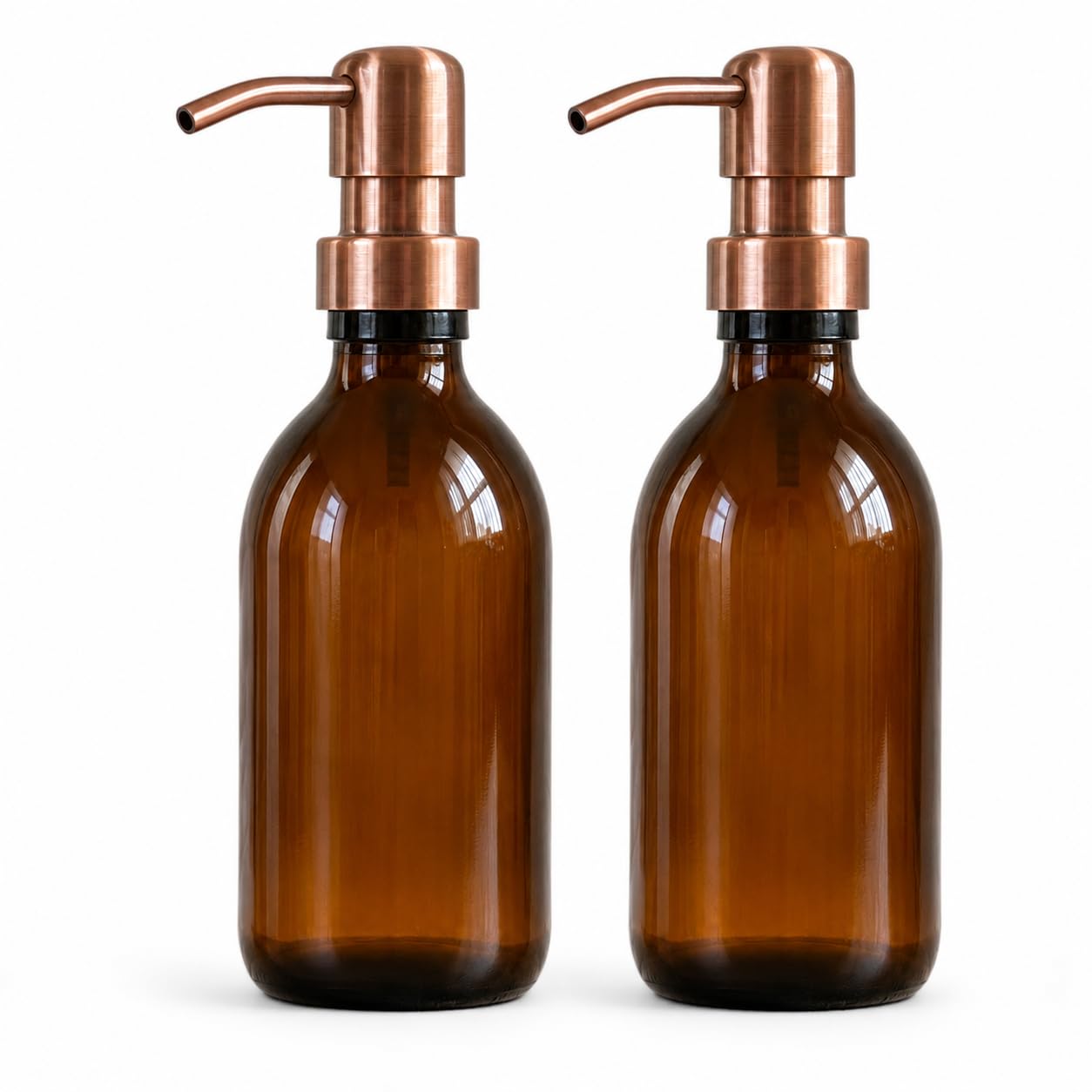 AVALON 250ml Amber Glass Soap Dispenser Bottles with On Trend Metallic Pump - Empty Refillable Containers for Liquid Soaps, Lotions, and More (Pack of 2, Copper Style Pump)