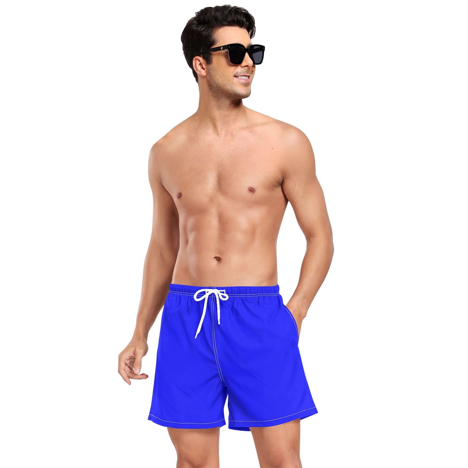 Blue Solid Color Pure PlainMens Swimming Shorts Men 2 Layer Workout Running Shorts with Compression Liner Bathing Suit for Men Lightweight