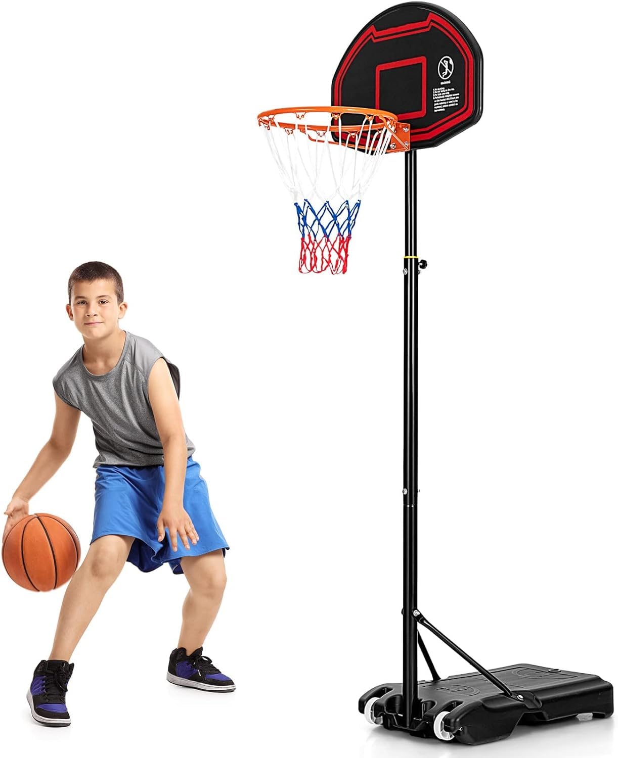 GYMAX Canasta de Baloncesto de 155 a 210 cm, Altura Ajustable con Red y Pared Trasera Irrompible, Cesta de Baloncesto Infantil con Base Rellenable y 2 Ruedas para Interior y Exterior