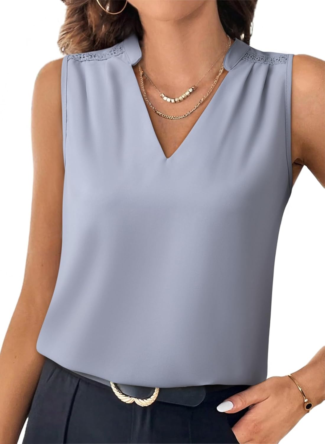 EVALESS Women's Lace Patchwork Tank Tops V Neck Casual Camisoles Sleeveless Business Work Blouses Dressy Summer Shirts