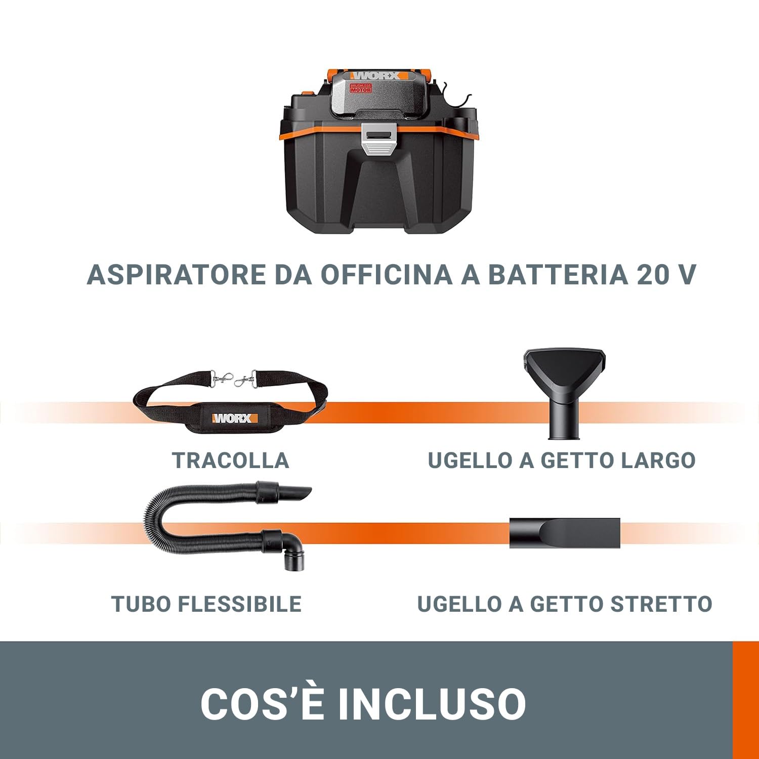 WORX WX031.9 Aspirapolvere compatto a secco e umido brushless da 20V a batteria - Solo utensile (Senza Batteria e Caricatore) - Portatile e maneggevole