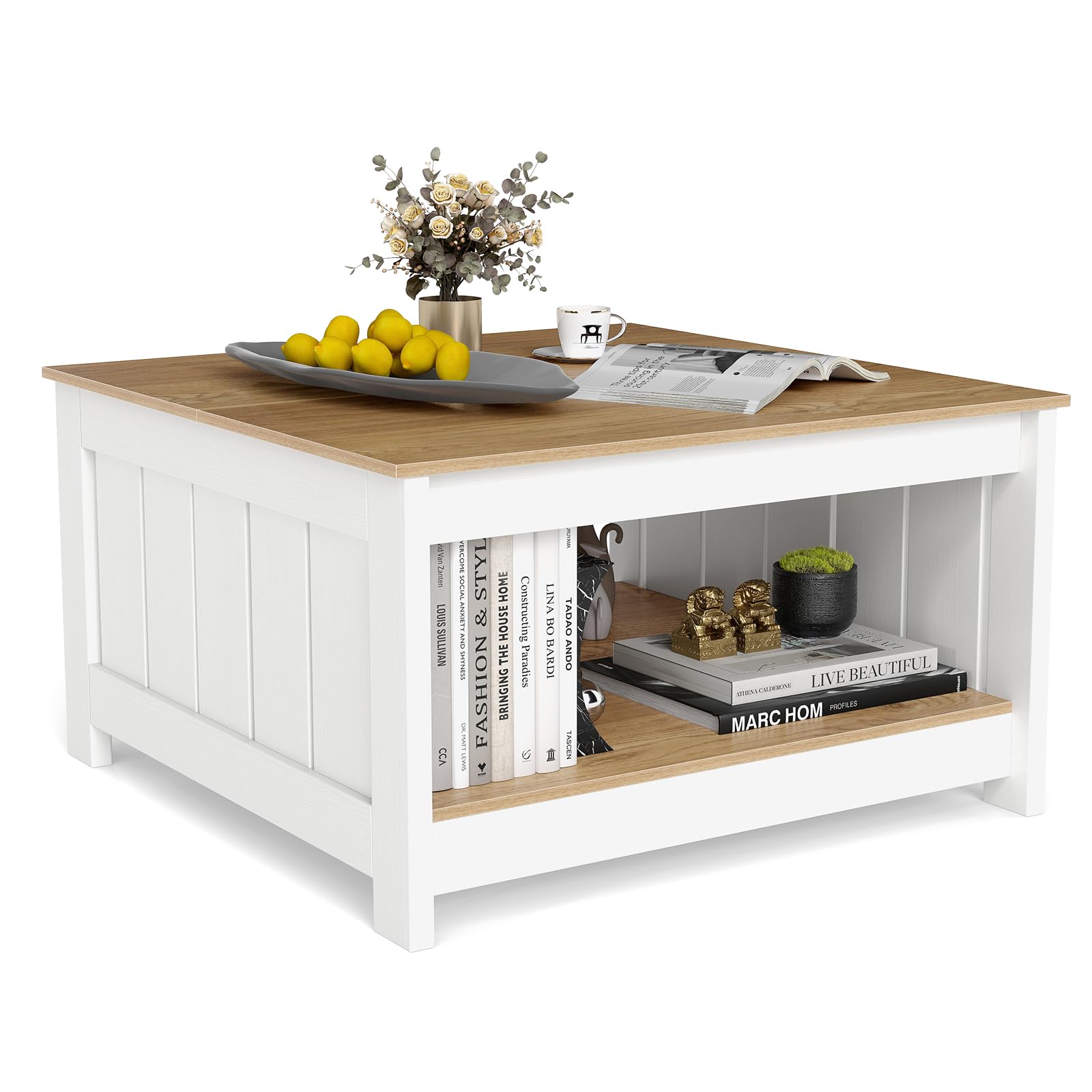COSTWAY Mesa de Centro, Mesa de Cóctel Cuadrada con Estante de Almacenamiento, Mesita Rústica de Granja, Mueble de Salon, 80 x 80 x 45 cm