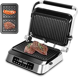 Sanduicheira, 110V, Máquina de Bifes Multifunções Inteligente 2 em 1, Ecrã tátil com LED, Sanduicheira Ajustável com Ângulo de 180°, Regulação da Altura Dianteira e Traseira em 5 Posições