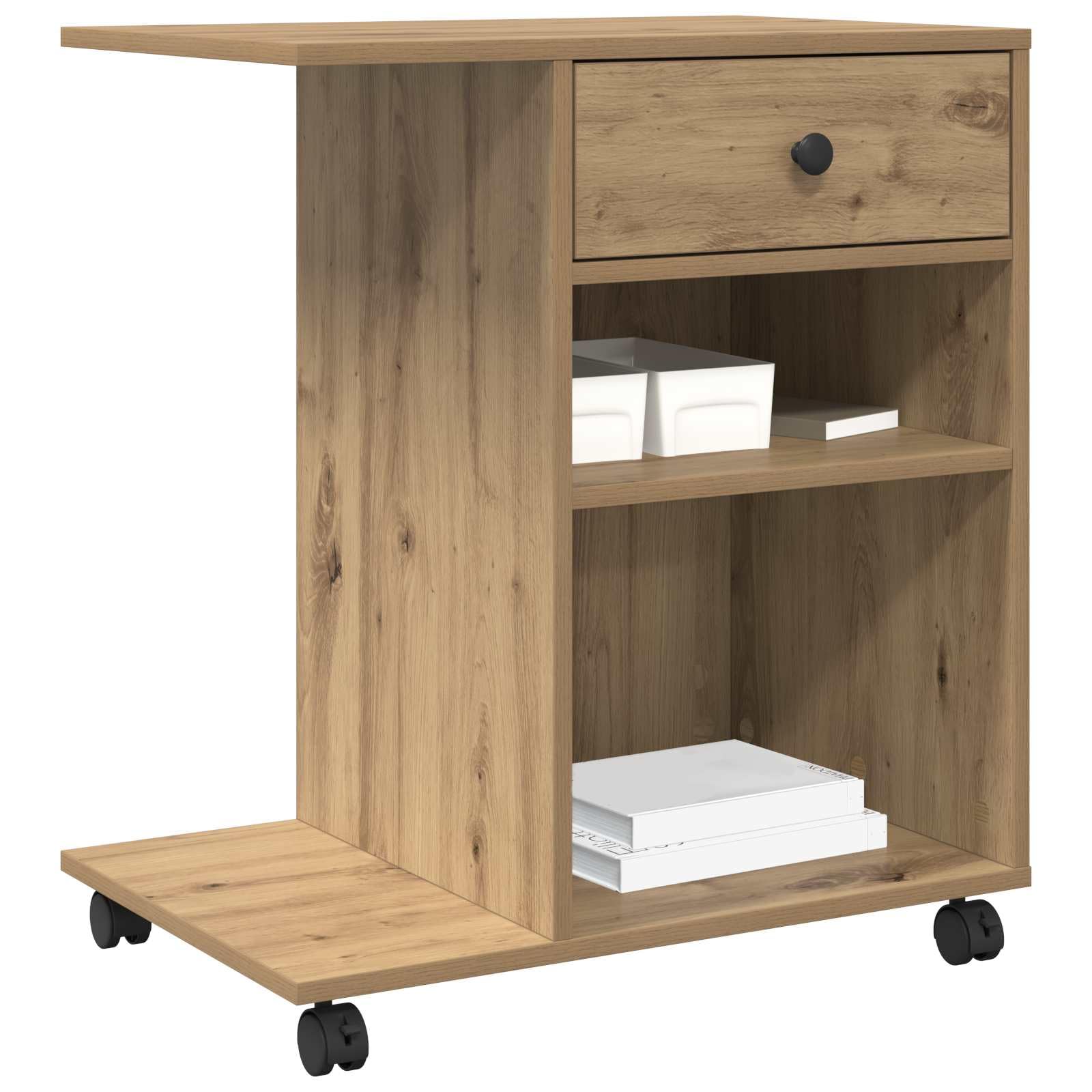 Druckerständer mit Rollen aus Holzwerkstoff, Eiche-Optik, 60 x 40 x 68,5 cm, mit Schubladen für Büroorganisation, rollbares Design für Flexible Nutzung