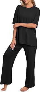 PrinStory Women's 2-Piece Pajama Set: Soft Short Sleeve Top & Long Pants Loungewear with Pockets