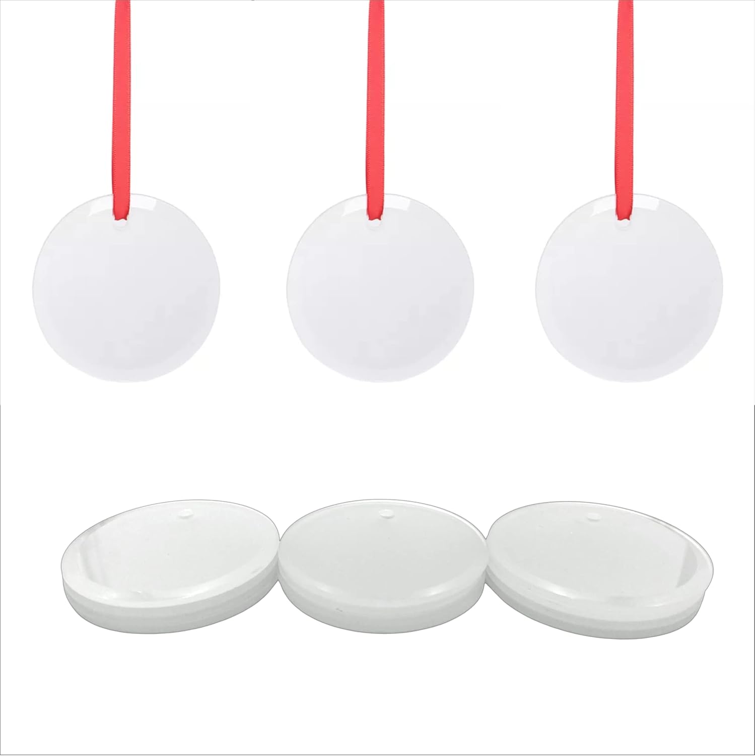 Glass Christmas Ornament Sublimation Blanks | 3" Glass Ornaments with Red Ribbon for UV Printing or Heat Press Sublimation (96)
