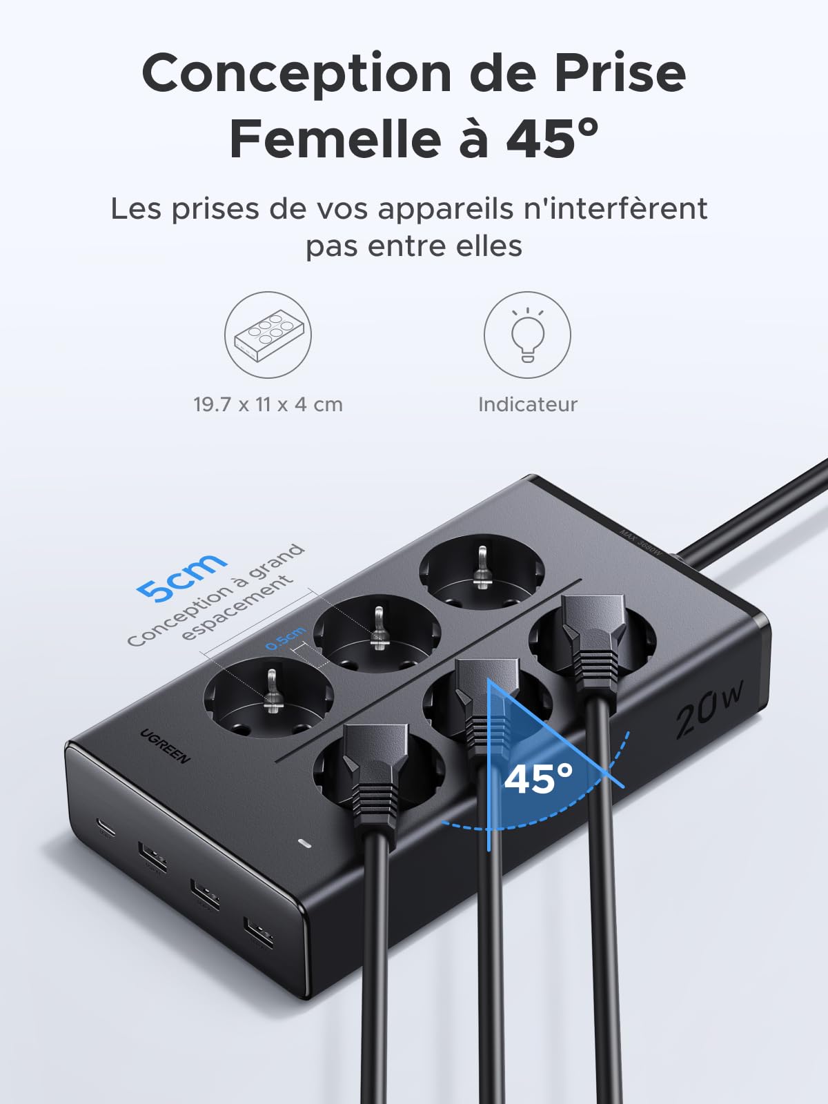 UGREEN 10 en 1 Multiprise avec Interrupteur 3680W 6 Prises AC 4 USB Bloc Electrique Contre Surtension USB C PD 20W Rallonge 1.5M Bureau Maison Noir Compatible avec iPhone 17 16 Galaxy S26 S25 MacBook