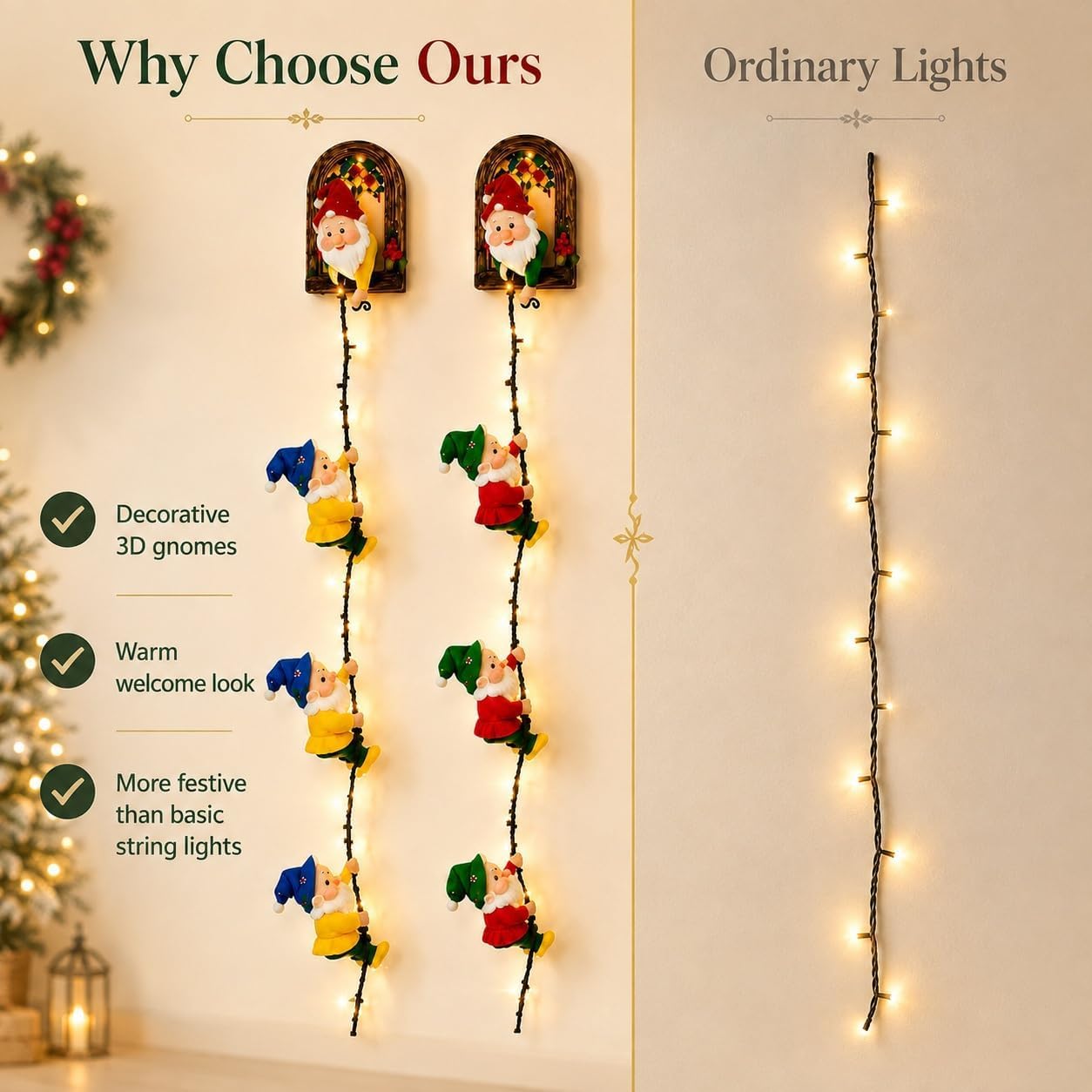 Cadena de Luces navideñas para gnomos, estatuas de gnomos trepadores con Cadena de Luces LED, para Colgar en la Pared, Divertida decoración de Pared de gnomos con Cuerda para Escalar